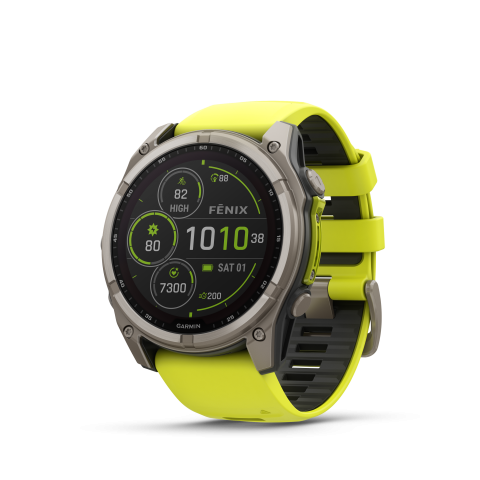 Garmin fēnix® 8 – 51 mm, Solar Sapphire, Titanium with Amp Yellow/Graphite Silicone Band