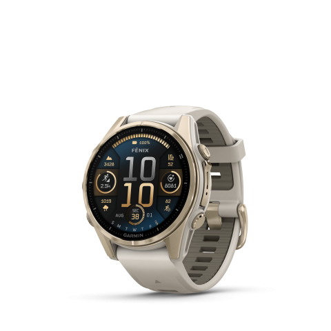 Garmin fēnix® 8 – 43 mm, AMOLED Sapphire, Soft Gold with Fog Gray/Dark Sandstone Silicone Band